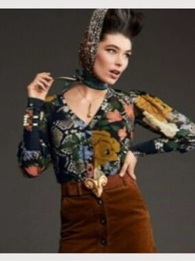 CAbi Navy Floral V-Neck Long-Sleeve Blouse with Mustard Accents